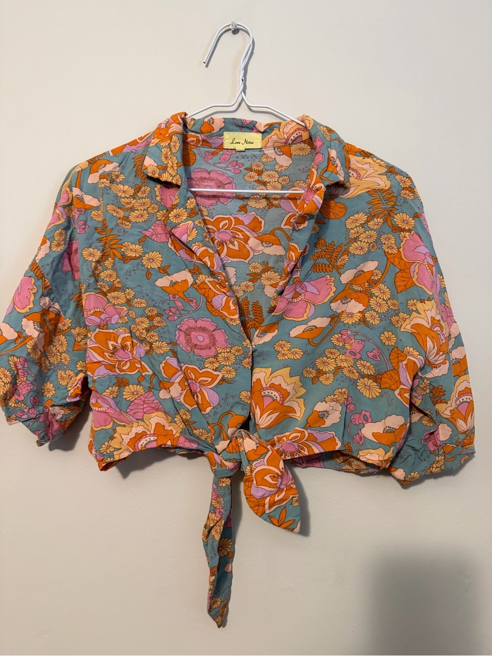 Love Notes Floral Tie-Front Crop Top - Teal, Pink & Orange size large like new